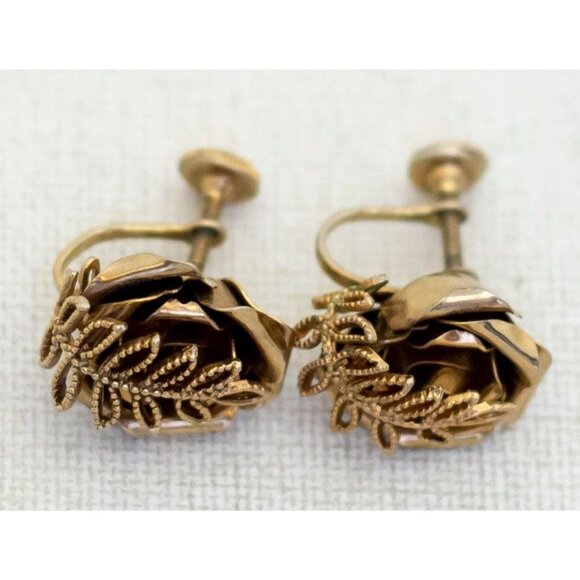 Vintage Bronze Tone Floral Stylish Abstract Screwback Earrings - H1 - Picture 2 of 3
